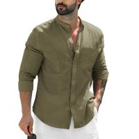 Camisa De Lino Para Hombre De Color Sólido Con Cuello Erguido Casual Cotton Manga Larga Botones Abiertos Estilo Beach - details 8