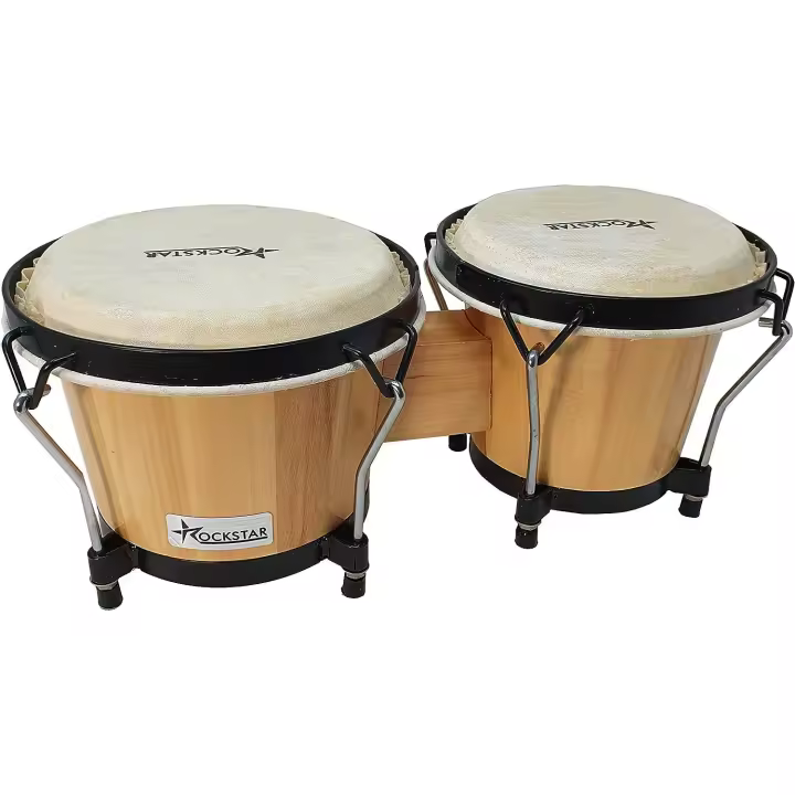 ROCKSTAR MUSIC - Bongo de Madera BO105-NT Color Natural 6" y 7" Parche Piel de Búfalo. Aros negros, tensores cromados - 1