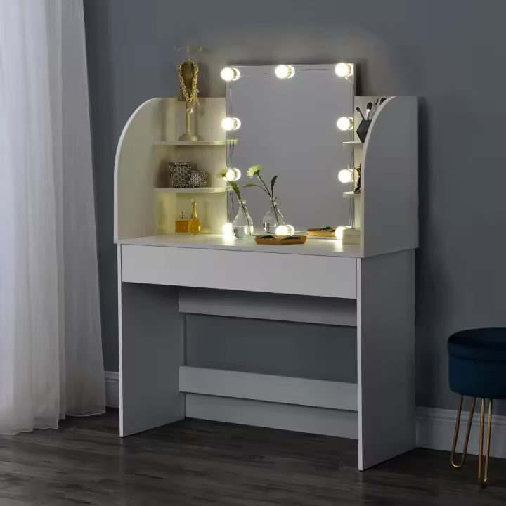Tocador Köla Mesa de Maquillaje con Espejo con LED aglomerado  140 x 108 x 40 cm Blanco [en.casa] - 1