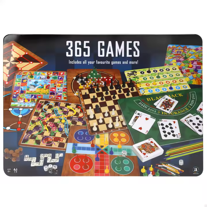 CB Games - Pack 365 juegos de mesa en caja metálica, 10 tableros multijuego, fichas, 7 dados, juego de la oca, backgammon, de 1 a 8 jugadores, juguetes educativos, juguetes niños + 6 años - 1