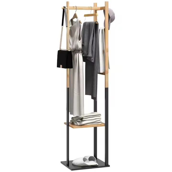 HOMCOM Perchero de Pie de Bambú, con 2 Estantes, 2 Ganchos, 5 Barras, Perchero de Entrada Recibidor con Estructura de Acero, para Colgar Ropa, en Pasillo, Sala de Estar, Dormitorio, Natural y Negro - 1