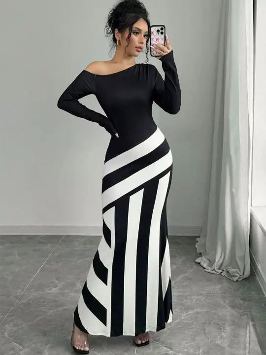 Vestido Maxi Mujer Nuevo Otoño Streetwear Moda Negro Blanco Patchwork Casual Elegante Telado Vestido Slim Para Mujer Ropa - 1