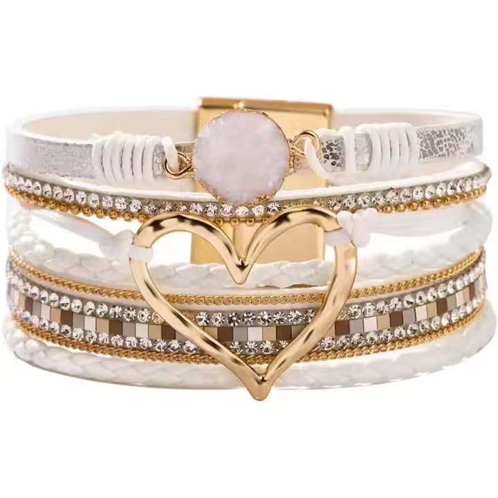 Pulseras envolventes de cuero con forma de corazón para mujer, pulsera trenzada hecha a mano estilo bohemio con hebilla magnética multicapa, brazalete, regalo de cumpleaños - 1