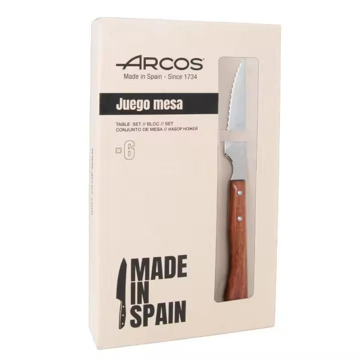 Arcos Serie Cuchillos de Mesa - Cuchillo Chuletero - Hoja Serrada de Acero Inoxidable NITRUM de 110 mm - Mango Madera comprimida Color marrón - 1