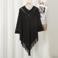 Poncho De Punto Con Borlas Para Mujer Color Sólido Elegante Mantel Suelto Para Primavera Otoño Manta De Cuello Para Mantenerse Caliente Estilo Casual - details 1