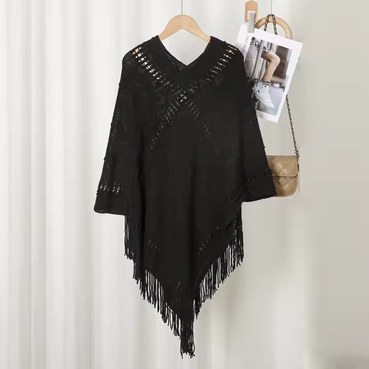 Poncho De Punto Con Borlas Para Mujer Color Sólido Elegante Mantel Suelto Para Primavera Otoño Manta De Cuello Para Mantenerse Caliente Estilo Casual - 1