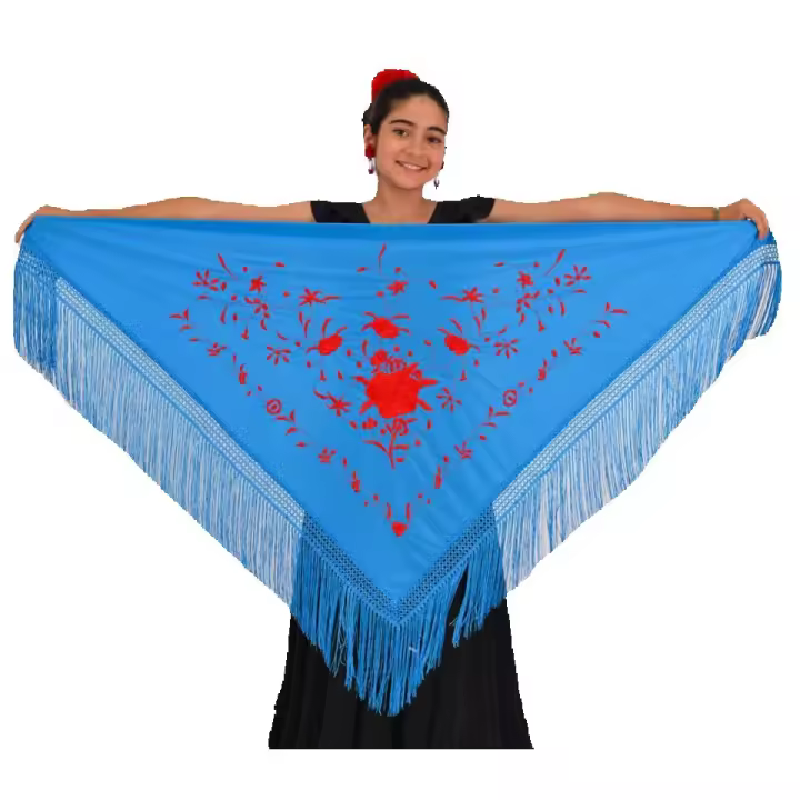 Mantón mediano color celeste con bordado en rojo Anuka - 1