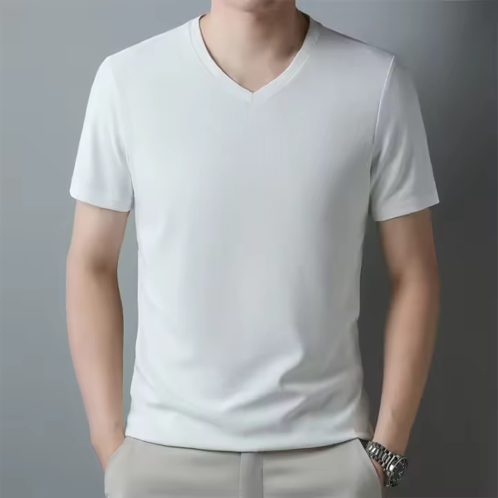 Camiseta Hombre Verano 2024 Cuello V Corta Transpirable Top Casual Polyester Cuidado Manual Talla Única Color Sólido - 1