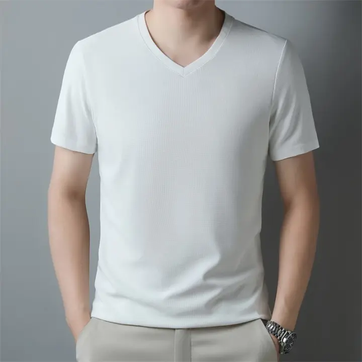 Camiseta Hombre Verano 2024 Cuello V Corta Transpirable Top Casual Polyester Cuidado Manual Talla Única Color Sólido - 1