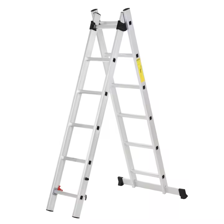 HOMCOM Escalera Aluminio con Estructura Triangular de Tijera Plegable Portátil 2 Formas de Uso Pie Antideslizante Articulación Rail Máx. 150kg Altura 160-249cm Plata - 1