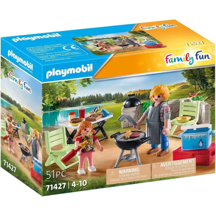 PLAYMOBIL family fun, barbacoa en casa (71427) padre con delantal, niña, con todos los accesorios para un dia de picnic al aire libre - 1