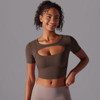Camiseta de manga corta para Yoga, Top Sexy de Doble Capa, ropa de Malla empalmada, Sujetador Deportivo para correr y Fitness, Color sólido, Mujer - details 6