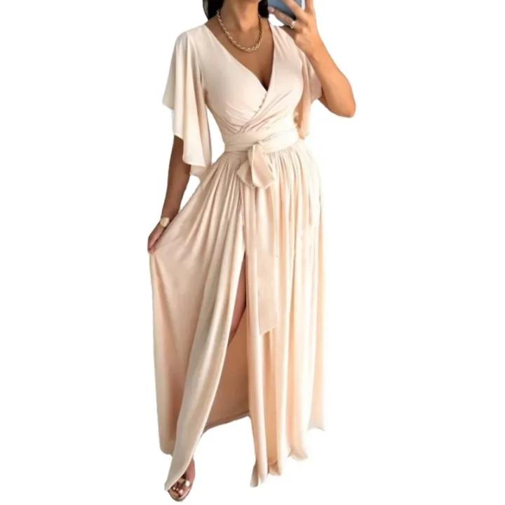 Vestido De Mujer Talla Grande Moda Suave Y Confortable Para Trabajo Cuello En V Manga Aire Flared Casual Longitud Del Piso