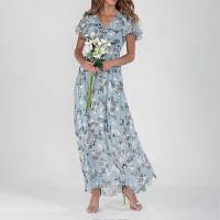 Cuello en V volantes de manga short Vestido Maxi Belt Apretada De High Belt Flowy dotladillo Dulce Vestido de Gasa con estampado floral ropa Femenina - details 2