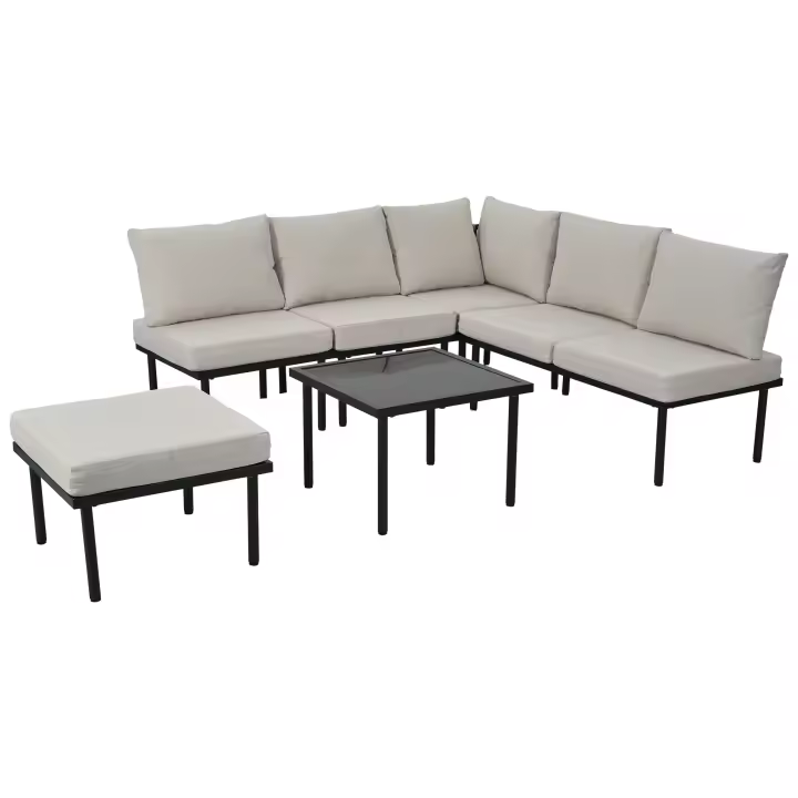 Juego de tumbonas de Jardín con Armado de Hierro galvanizado, juego de 6, juego de muebles de Jardín de Cuerda, Patos regulables, tablero de Cristal Liso, incl. Todos Los cojines de asiento y almohadones, beige/Gris - 1