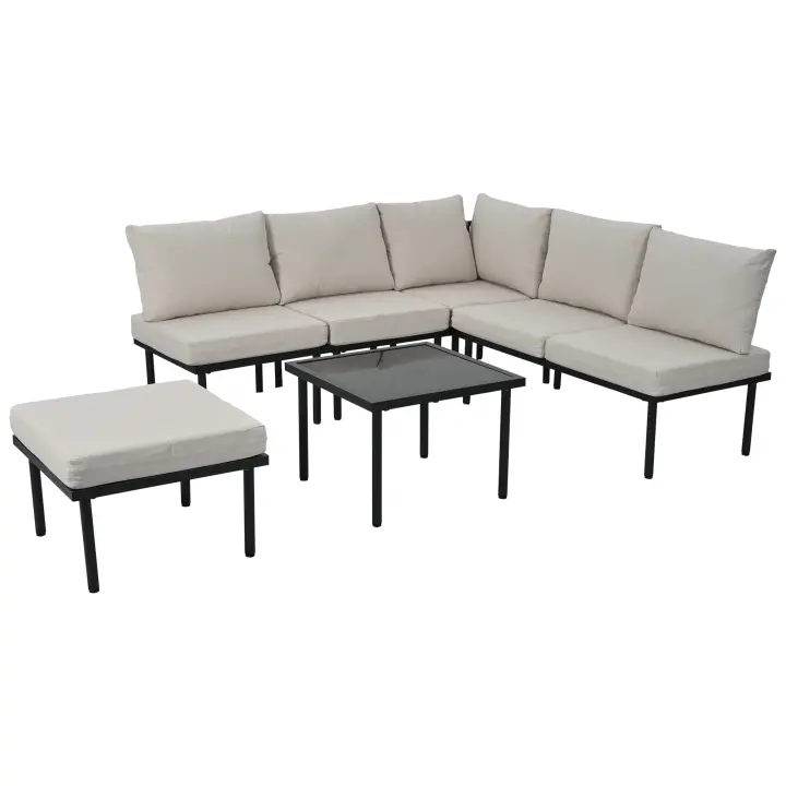 Juego de tumbonas de Jardín con Armado de Hierro galvanizado, juego de 6, juego de muebles de Jardín de Cuerda, Patos regulables, tablero de Cristal Liso, incl. Todos Los cojines de asiento y almohadones, beige/Gris - 1