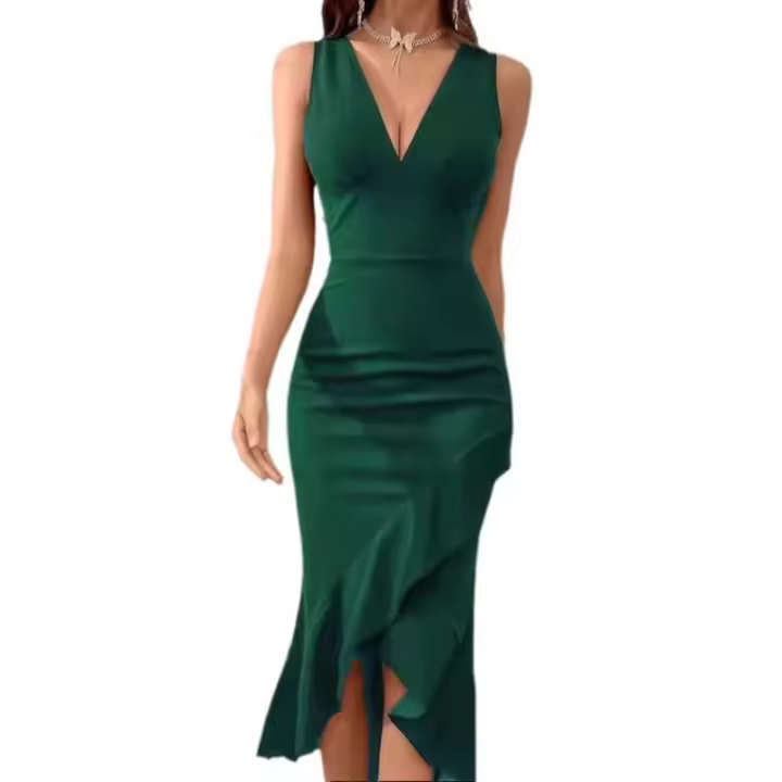 Vestido Europeo Nuevo Para Mujer Con Apliques En La Cintura Volante Vuelta En La Espalda Cuello En V Abertura Ruffle Vestido - 1