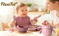 FlexiTot – Vajilla silicona bebé antideslizante | Guía Digital 70 recetas BLW | 2 Baberos con mangas, platos silicona con ventosa, cuenco, vaso, cubiertos y chupete fruta, Verde - details 2