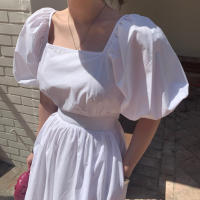 Vestido A-Line De Cintura Alta Estilo Coreano REALEFT Verano Para Mujer Con Manga Puff Cuello Cuadrado Lace-Up Midi Plaid - details 6