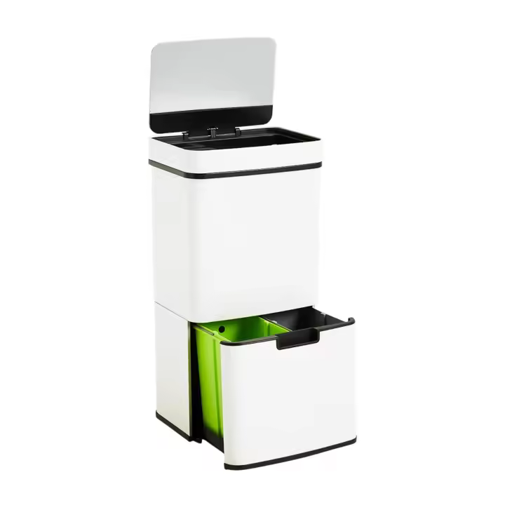 WELL HOME Papelera de reciclaje 62L (37L+25L), cubo de basura con 2 compartimentos, apertura automática con sensor, en acero inoxidable, cromado - 1