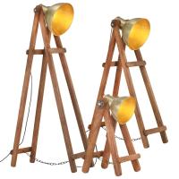 vidaXL Lámpara de pie 3 pzas madera maciza de mango E27 en color Latón/Negro | diseño vintage industrial ideal para cocina salón comedor - details 0