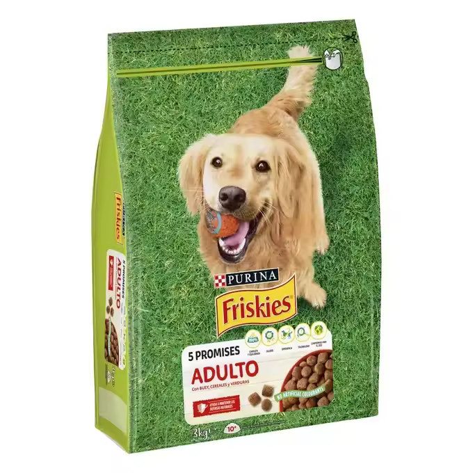 PURINA® FRISKIES® Adulto Carnes 3KG Alimento para perros adultos completo y equilibrado sin colorantes añadidos, formulado para ayudar a mantener las defensas naturales de tu perro, un pelaje brillante y una piel saludable. - 1