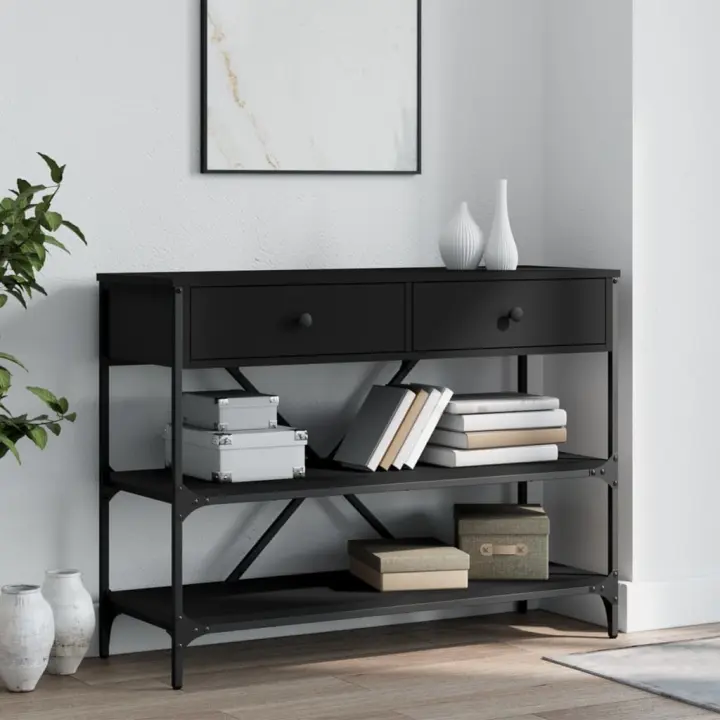 Mesa consola con cajones y estantes madera de ingeniería negro - 1
