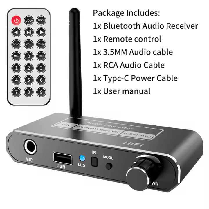 Receptor de Audio HIFI con Bluetooth 5,2, convertidor DAC Coaxial Digital a analógico de 3,5mm, AUX, RCA, Mic, u-disk Jack, adaptador inalámbrico ESTÉREO - 1