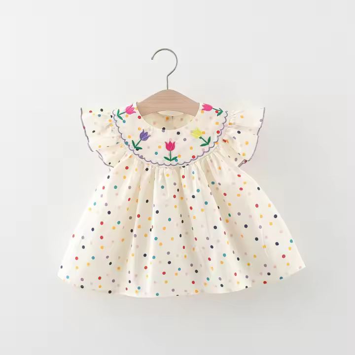 Vestido De Bebé De Algodón Con Bordado De Flor Y Estampado De Puntos Colores Variados Vestido Cómodo Para Niñas Estilo Casual Verano - 1