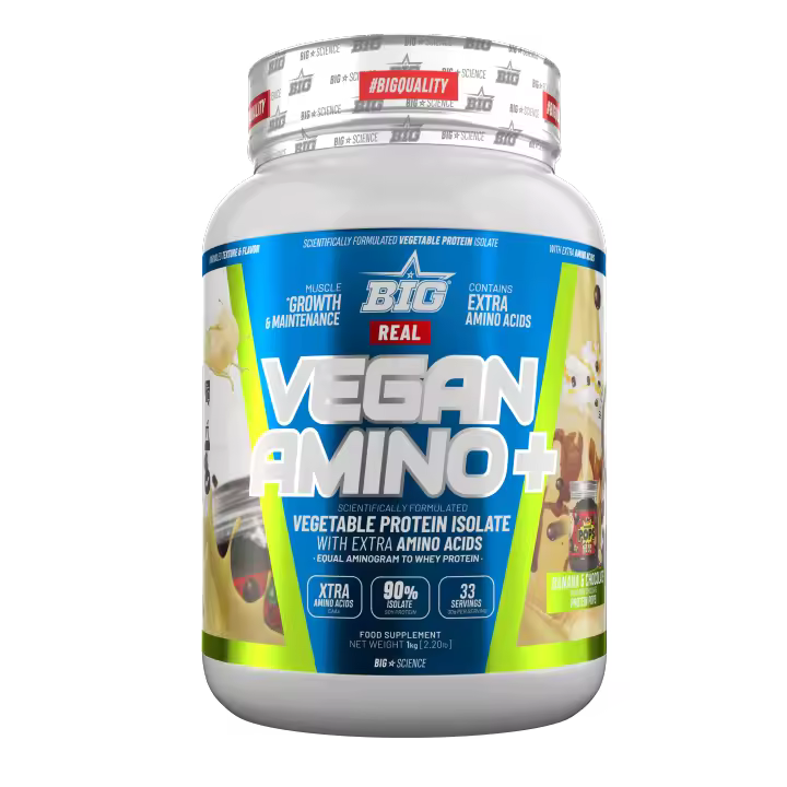 REAL VEGAN AMINO PLUS (1KG) BANANA & POPS DARK CHOCO - Big / Baja en azúcares  Proteína vegetal  Alta calidad  Real vegan amino - 1