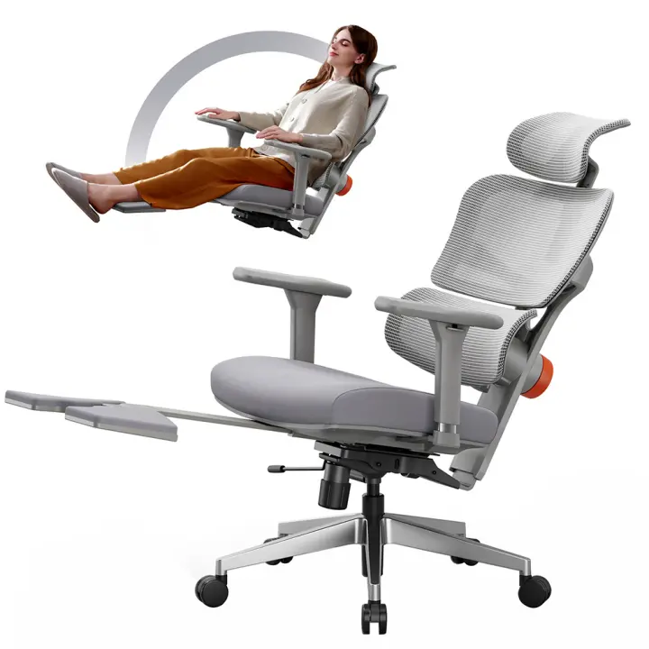 Silla ergonómica NEWTRAL NT002 con soporte lumbar adaptable y reposapiés, respaldo reclinable con 4 ángulos ajustables, reposabrazos, reposacabezas y 5 posiciones de bloqueo. Base de aleación de aluminio - Versión Pro - 1