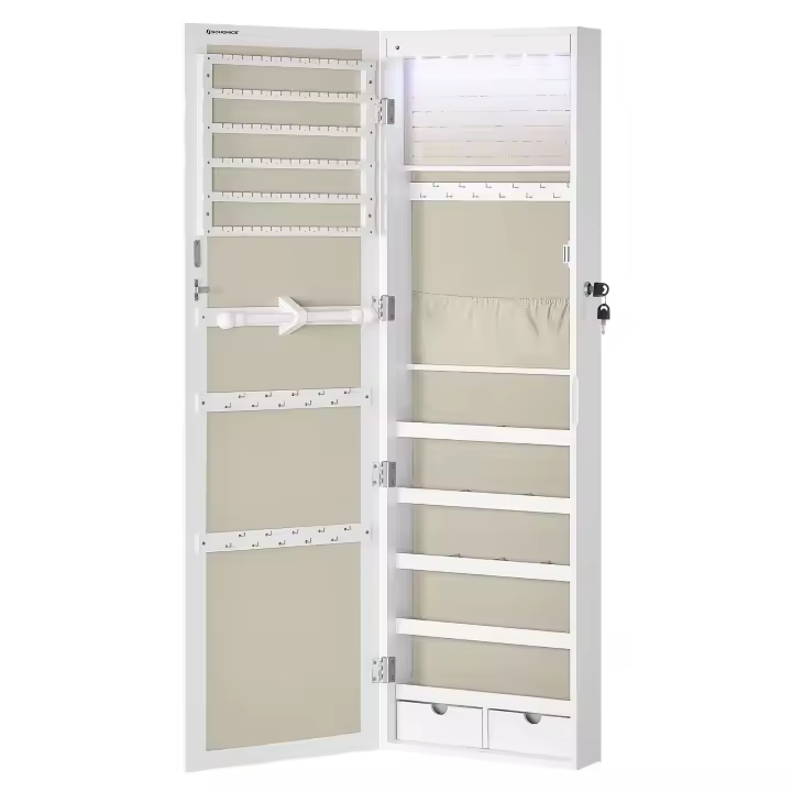 SONGMICS Armario para Joyas, Espejo Joyero de Pared, con Luces LED y Cierre, Organizador de para Pendiente, Collar, Espejo y Varios Compartimentos, Negro/Roble/Superficie Blanca y Forro Gris/Blanco/Marrón Rústico - 1
