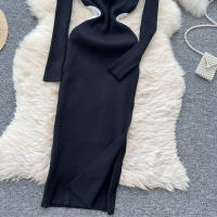 Vestido De Punto Para Mujer REALEFT Otoño Invierno Con Abertura Lateral Y Cuello Redondo Manga Larga Solido Vestido Recto De Oficina - details 6