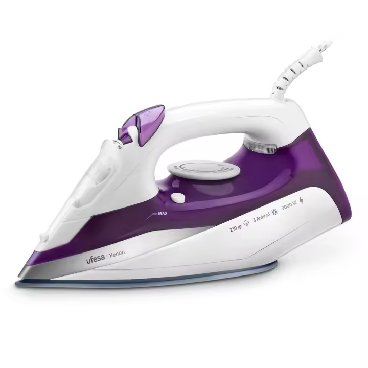 Ufesa - Plancha de vapor Xenon de 3000 W con golpe de vapor 210 g y regulación variable (30 g/min) para eliminar arrugas difíciles, sistema antical 3 en 1 y suela cerámica Techno Ceramic, uso horizontal o vertical - 1