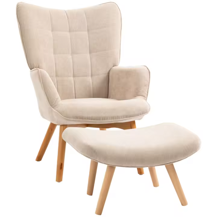 HOMCOM Sillón de orejas con taburete, sillón relax, sillón tapizado enAspecto de pana, sillón, sillón con patas de madera, sillón de televisión para sala de estar - 1