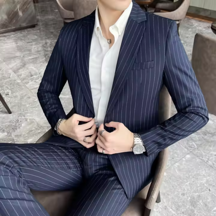 Traje De Moda Para Hombre Slim Fit Con Rayas Conjunto De Dos Piezas Casual Y Negocios Pantalones Y Chaqueta Para Primavera Y Otoño - 1