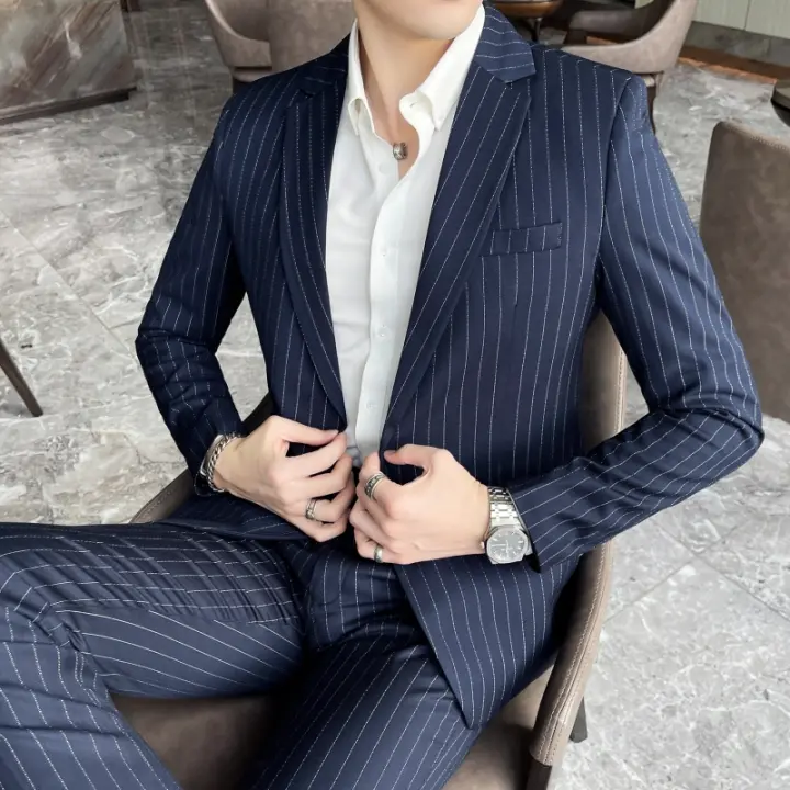 Traje De Moda Para Hombre Slim Fit Con Rayas Conjunto De Dos Piezas Casual Y Negocios Pantalones Y Chaqueta Para Primavera Y Otoño - 1