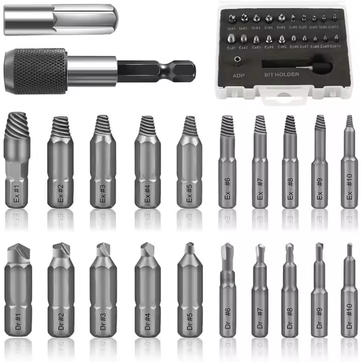 22 piezas de extractores de tornillos dañados, extractor de tornillos rotos, juego de extractores de tornillos dañados, kit de extractor de pernos para pernos o tornillos dañados - 1