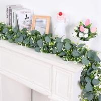 Guirnalda De Hojas De Eucalipto Artificiales Con Flores Blancas 1Pc Decoración Para Bodas Y Hogar Verdeo Realista Para Decoración De Paredes Y Habitaciones - details 8