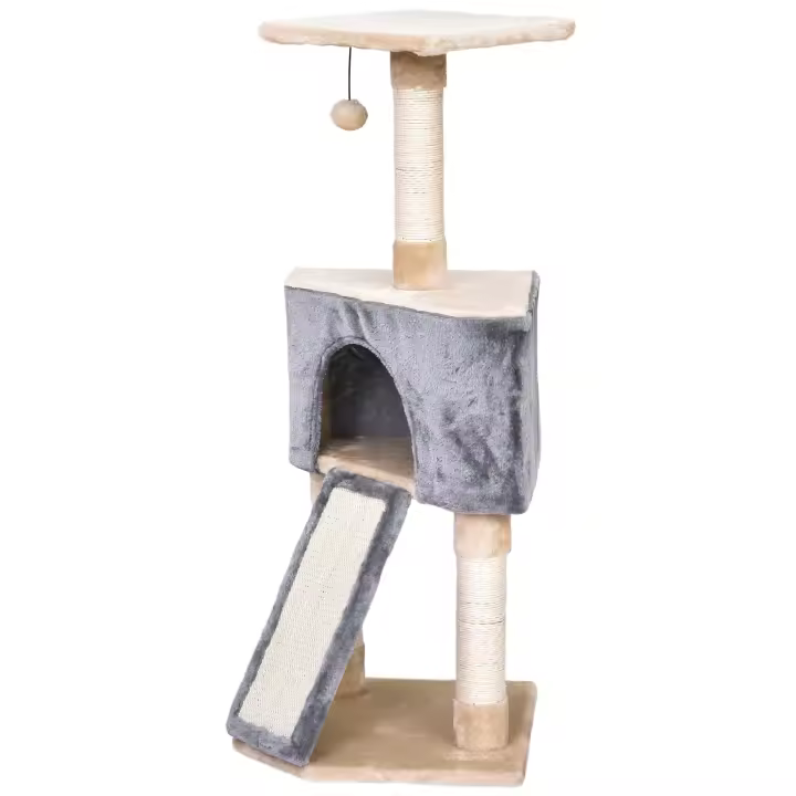 PawHut Árbol Rascador para Gatos 40x40x98 cm con Cueva Juguete Colgante Rampa Rascador y Postes Rascadores Cuerda de Sisal Gris y Beige - 1