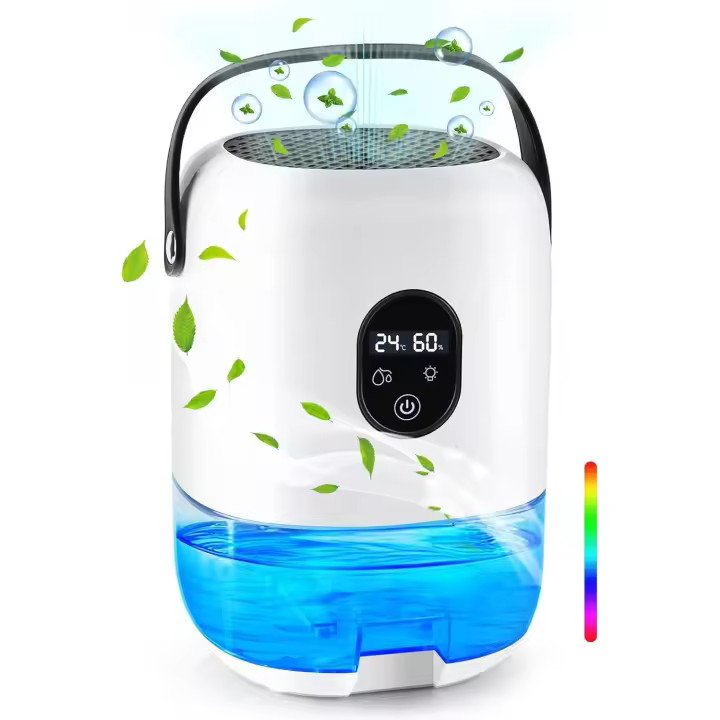 Deshumidificador Pequeño, 1L Deshumidificador Silencioso, Desumidifadorcon Indicador de Humedad y Temperatura, Función de Descongelación, Modo de Sueño para Baños, Dormitorio de 25 m² - 1