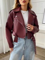Chaqueta De Cuero PU Para Mujer Fitaylor Cierre De Cremallera Estilo Casual Con Cuello En V Y Cinturón Moto Outwear - details 1