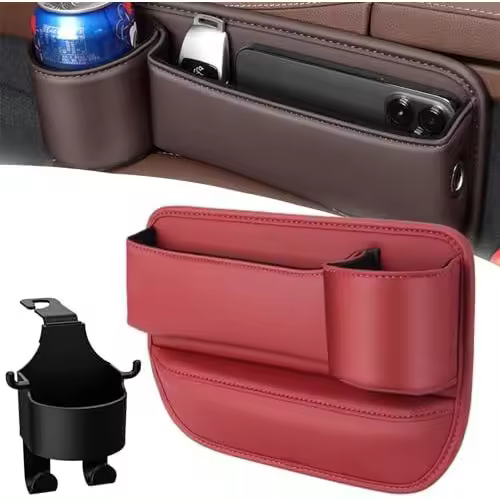 Bolsa de cuero para portavasos de coche, bolsa de cuero para portavasos, caja de almacenamiento para asiento de coche con portavasos, almacenamiento de asiento de coche (rojo, copiloto) - 1