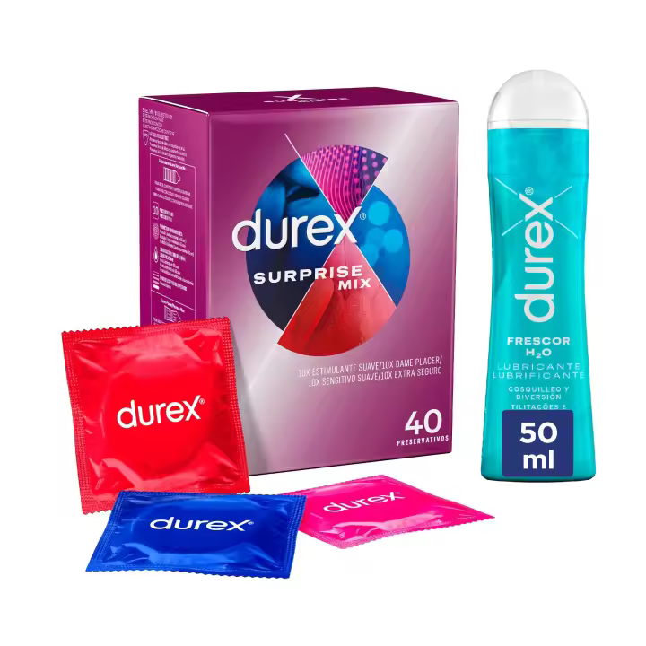 Durex - Surprise Mix 40 Condones Surtidos + Lubricante Frescor  50ml, Dame Placer, Sensitivo Suave, Extra Seguro y Estimulante Suave - 1