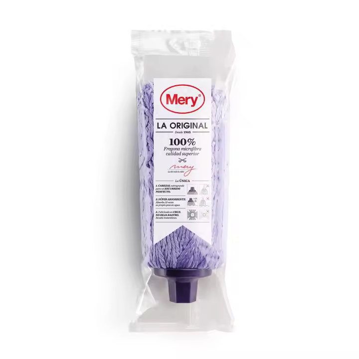 Fregona de Microfibra Mery | Absorción Rápida | Secado Instantáneo | Escurrido Fácil | Resistente a Productos Químicos | Cabezal Extragrande | Rosca Universal | Color Lila, 22 Cm - 1