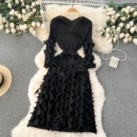Vestido Elegante De Mujer 2024 Pleated Miyak Primavera Otoño V-Neck Suéter Beaded Exquisito Cinturón A-Line Midi Vintage Polyester - details 17