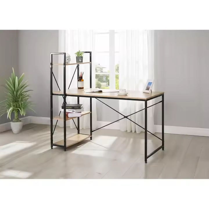 Escritorio Industrial con Estanteria Nancy 120cm, Roble y Negro - 1