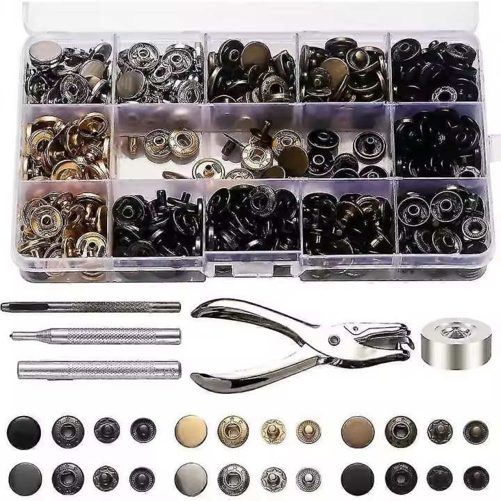Kit de cierres de boton a presión, 120 set de botones de presión de metal con alicates de punzón y kit de herramientas de fijación de 4 piezas para reparaciones de artesanía de ropa, 6 colores - 1