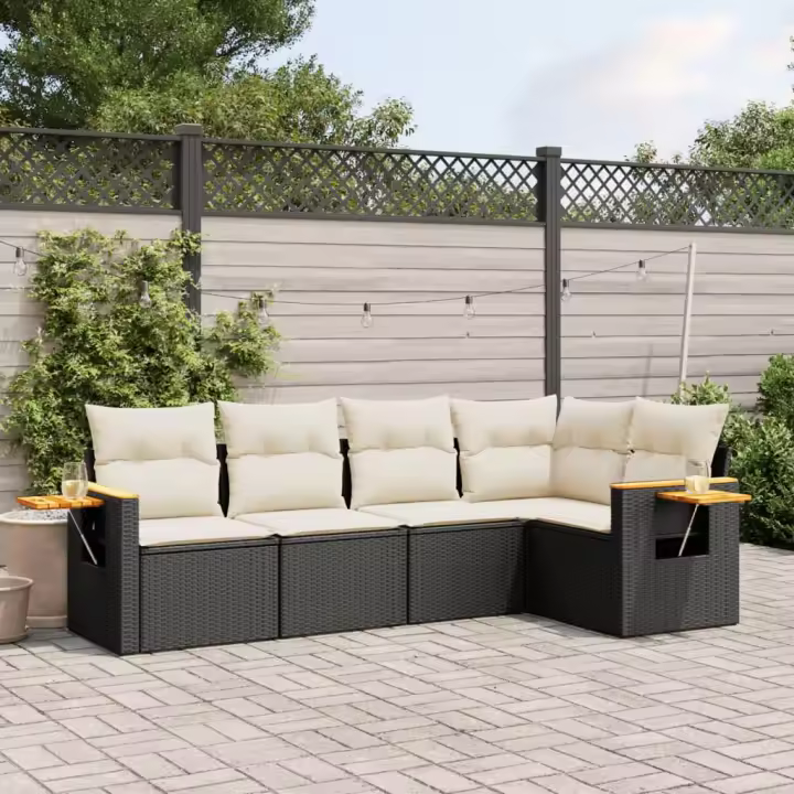 vidaXL Set de muebles de jardín 5 pzas y cojines ratán sintético negro - 1