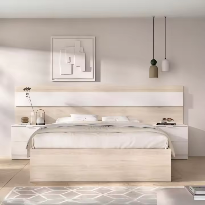 Conjunto de dormitorio Niza cabecero + 2 mesitas + aro natural/blanco - 1